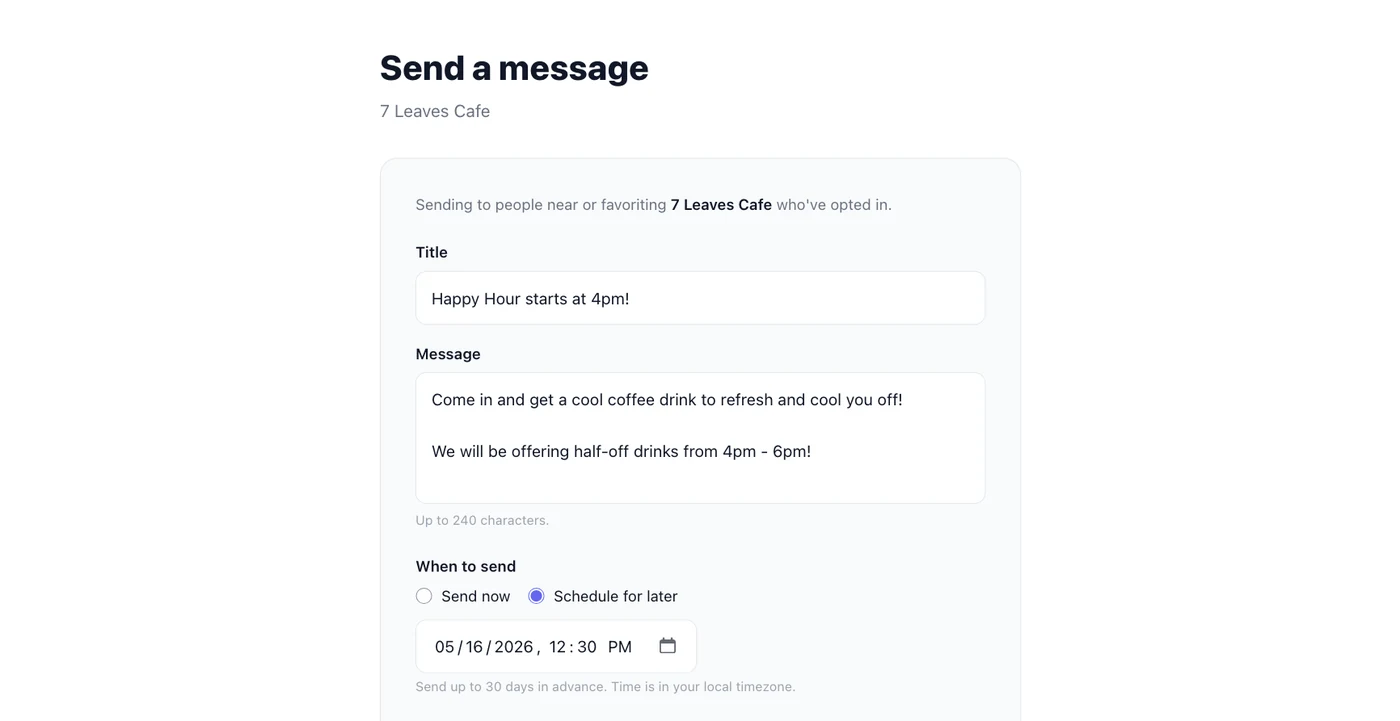 Compose message form with title, message body, and schedule-for-later date picker