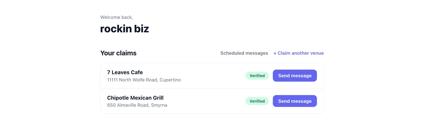 Jiveocity business dashboard showing two verified venues with Send message buttons